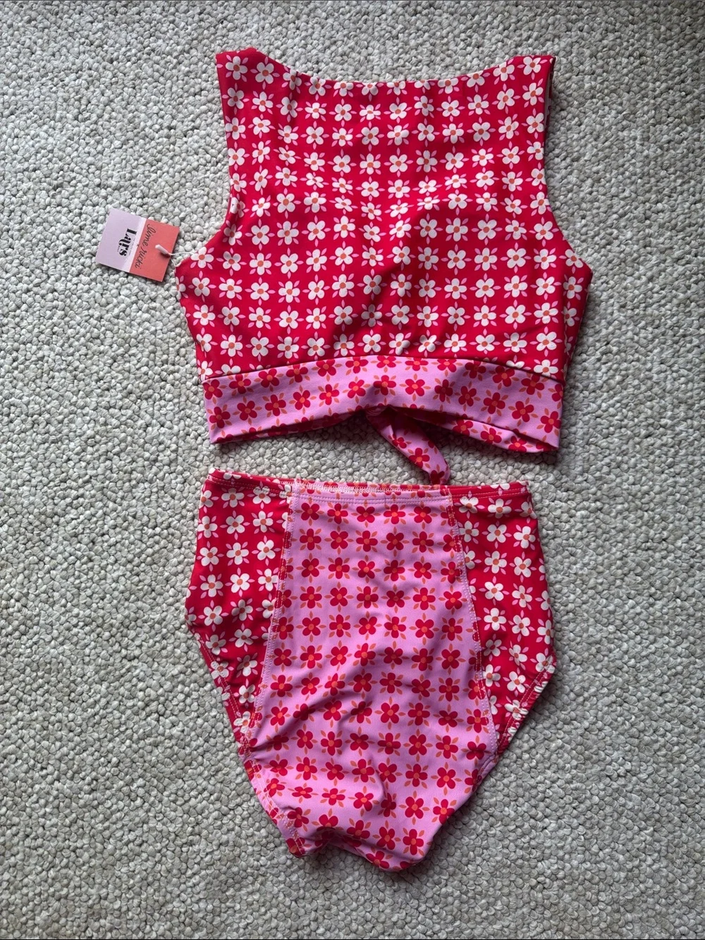 Lime Ricki Pink & Red Floral High-Waist Bikini Set NWT Size S